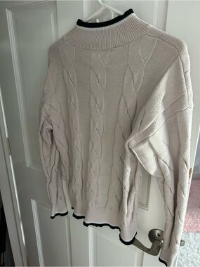 Women's Cream Cable-Knit Sweater with Contrast Trim